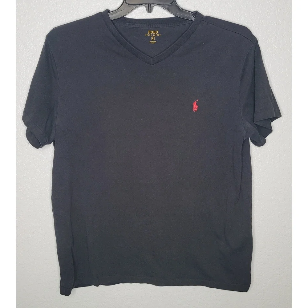 Men's Polo Ralph Lauren Size Large Black Short Sleeve V Neck 100% Cotton Shirt